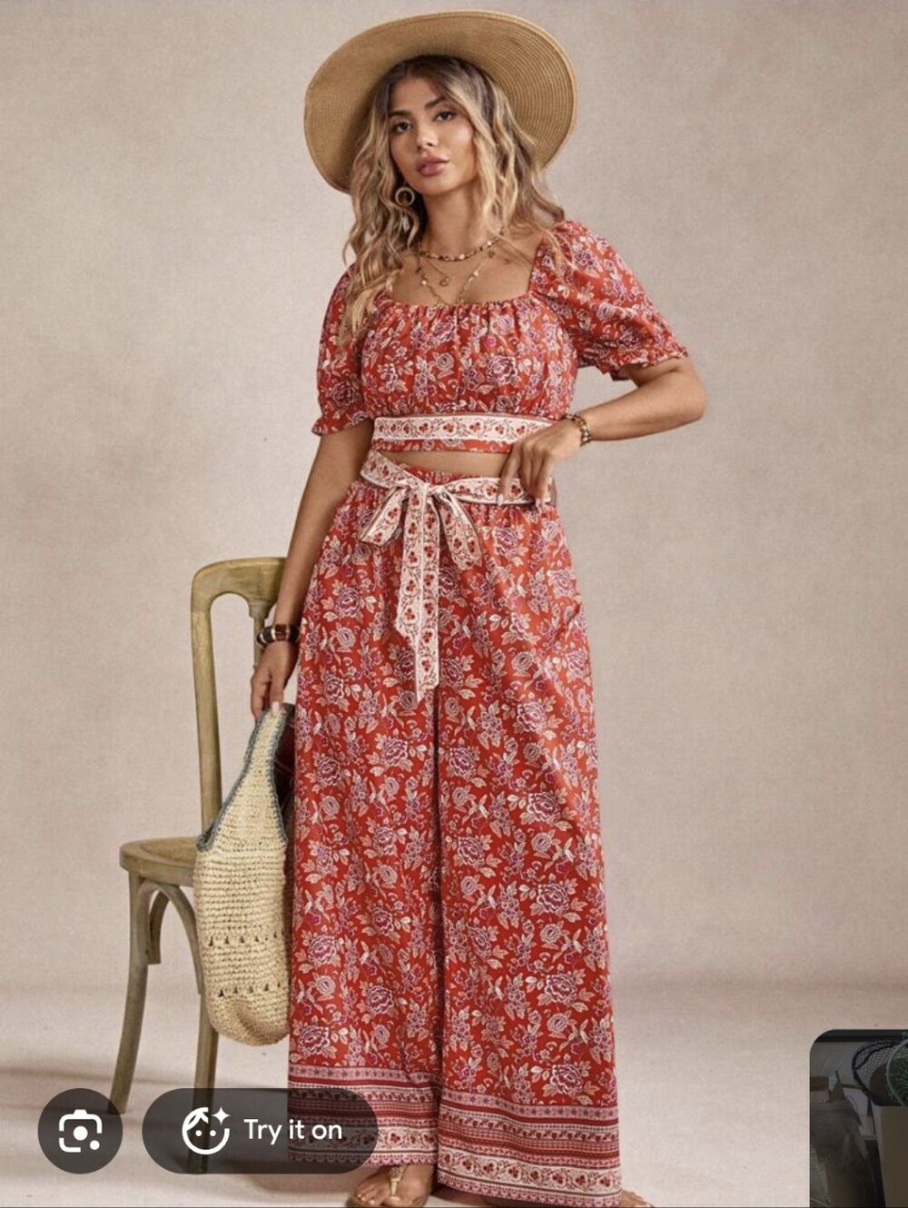 Nwot Boho Fairy Floral Coord Set Pants Crop Red Wide-Leg Wedding Y2K Coastal